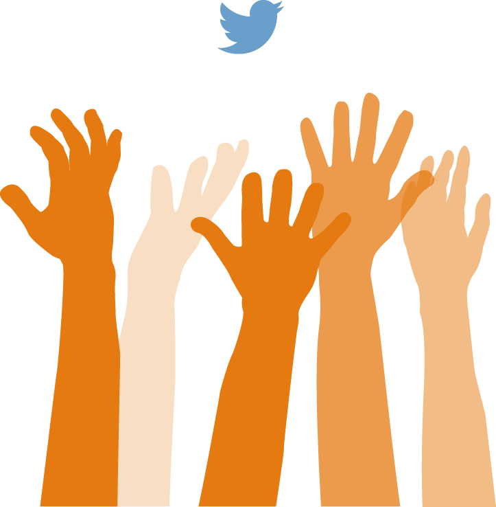 Twitter icon and raised hands illustration