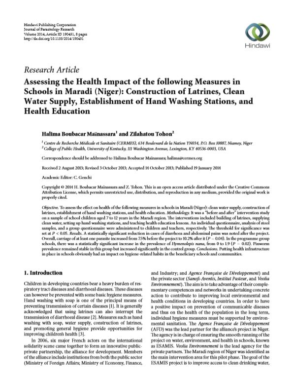 Assessing the Health Impact of WASH Measures in Schools in Maradi