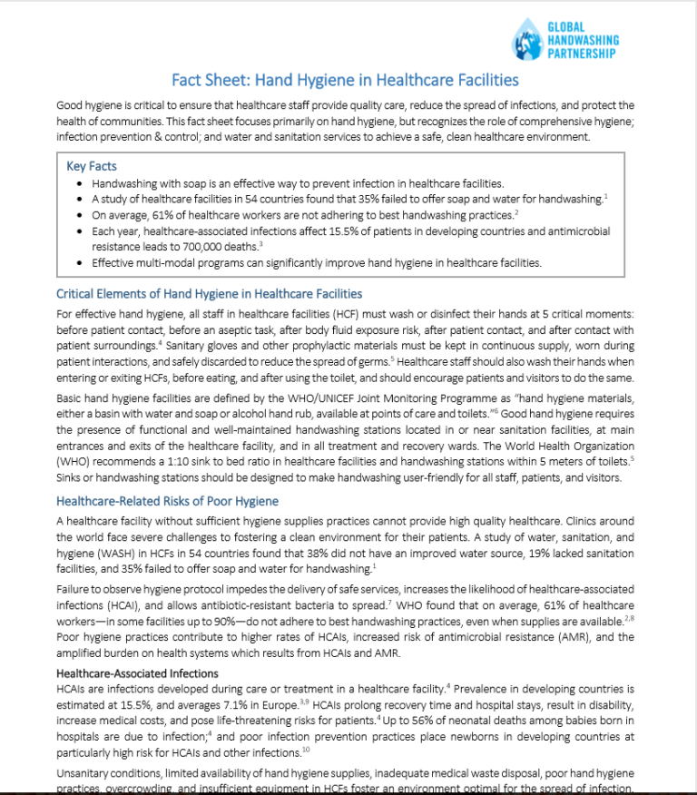 Fact Sheet Hand Hygiene in Healthcare Facilities The Global